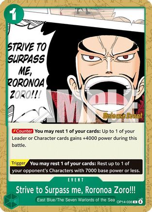 Strive to Surpass me, Roronoa Zoro!!! (OP14-036) - [The Azure Sea's Seven Release Event Cards]